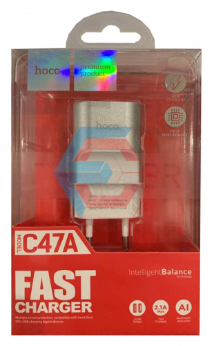 Сетевое зарядное устройство USB Hoco C47A Metal 2USB (2.4A) Серебро
