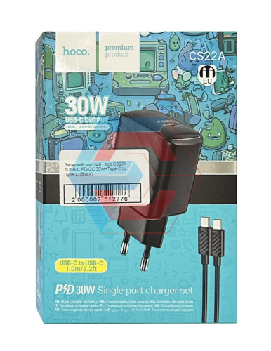 Зарядний пристрій Hoco CS22A 1USB-C PD/QC 30W+Type-C to Type-C (Black)