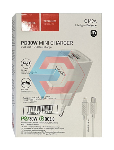Зарядний пристрій Hoco C149A 1USB/1USB-C PD/QC 30W+Type-C to Lightning (Бiлий)