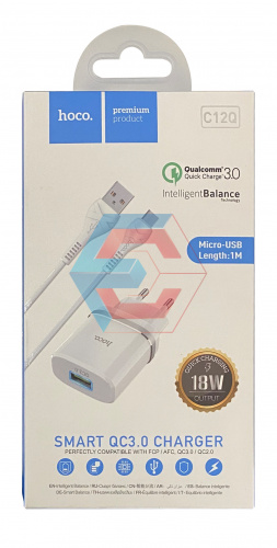 Сетевое зарядное устройство USB Hoco C12Q (3A) + micro Белый